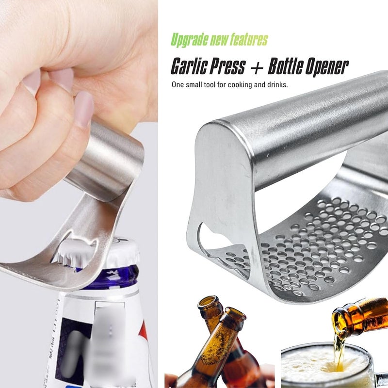 BOKKY Stainless Steel Garlic Press Rocker with Bottle Opener, 304 Heavy Duty Garlic Mincer & Crusher Tool with Peeler and Cleaning Brush, Easy-Clean Garlic Chopper Kitchen Gadget - Image 2